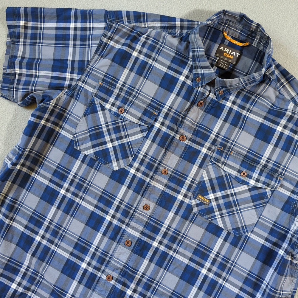 Ariat Rebar Short Sleeve Shirt Mens XXL Blue Plaid Made Tough Durastretch